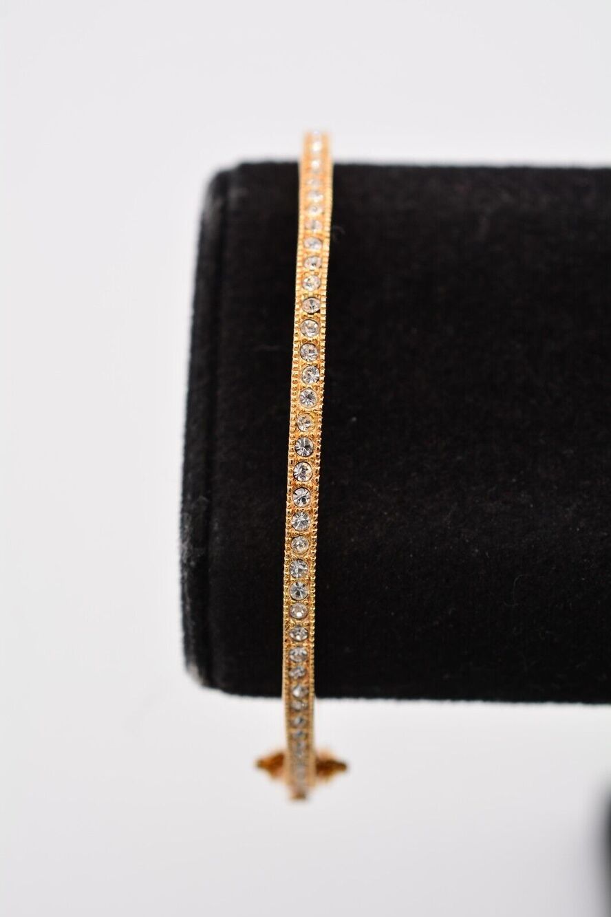 Vintage Pave Crystal Bangle Bracelet Rhinestone Gold Shiny Hinged 1990s BinAD